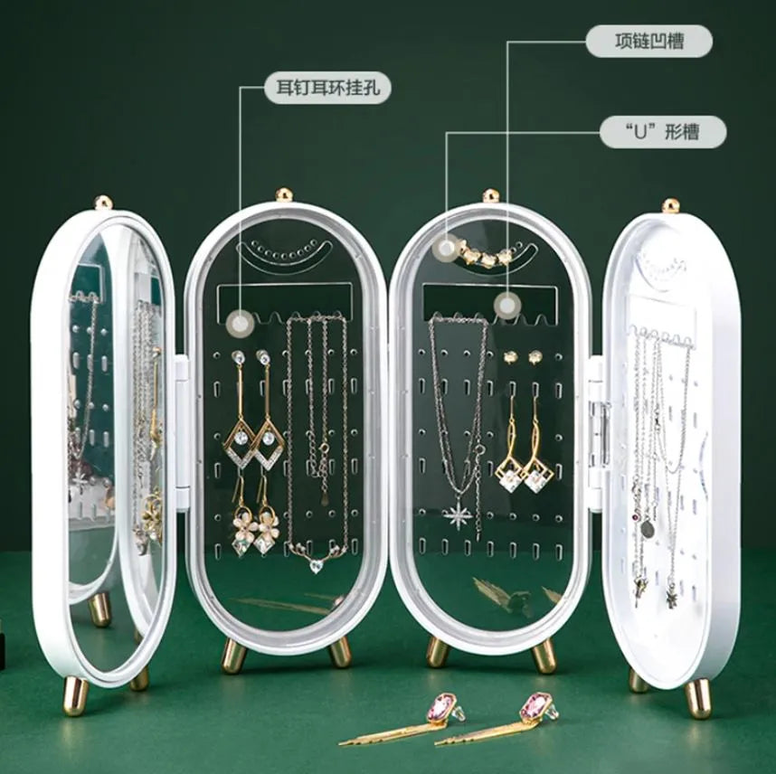 Foldable Jewelry Organizer With Mirror Earrings and Necklace Hanging Holder Beautiful Dustproof Display Jewellery Box